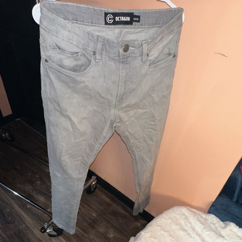 Octagon Men's Gray Slim Skinny Stretch Denim Jeans Button Fly 5-Pocket